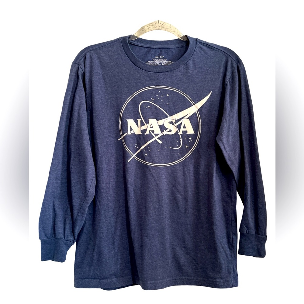 NASA S blue long sleeve white logo space shirt T-shirt cotton poly top
